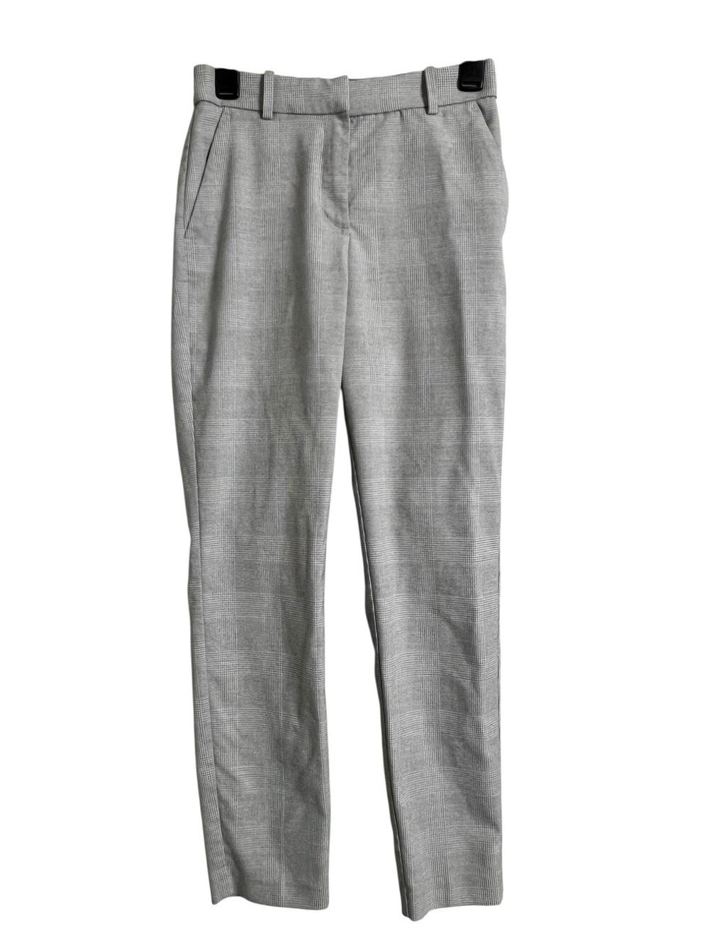 H&M Dress Pants Womens 4 Gray Check Straight Leg Twill Pleated Stretch Office